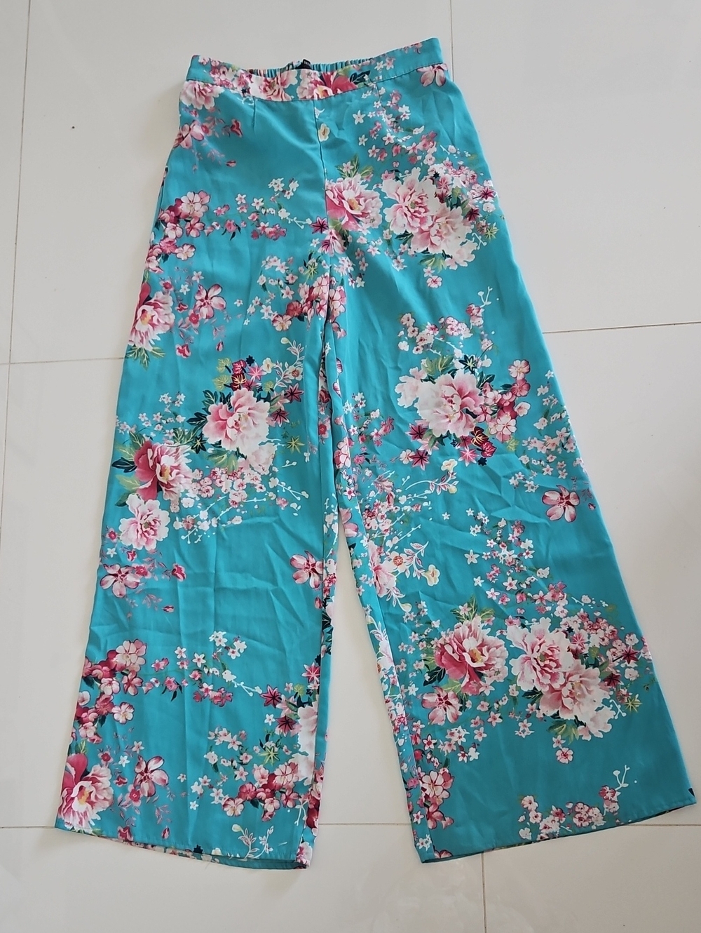 Forever 21 Turquoise Floral Wide-Leg Palazzo Pants